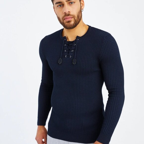 LEIF NELSON Sweater Mens Small Navy Knitted Sweater Round Neck Fitted Lace Up - Picture 1 of 11